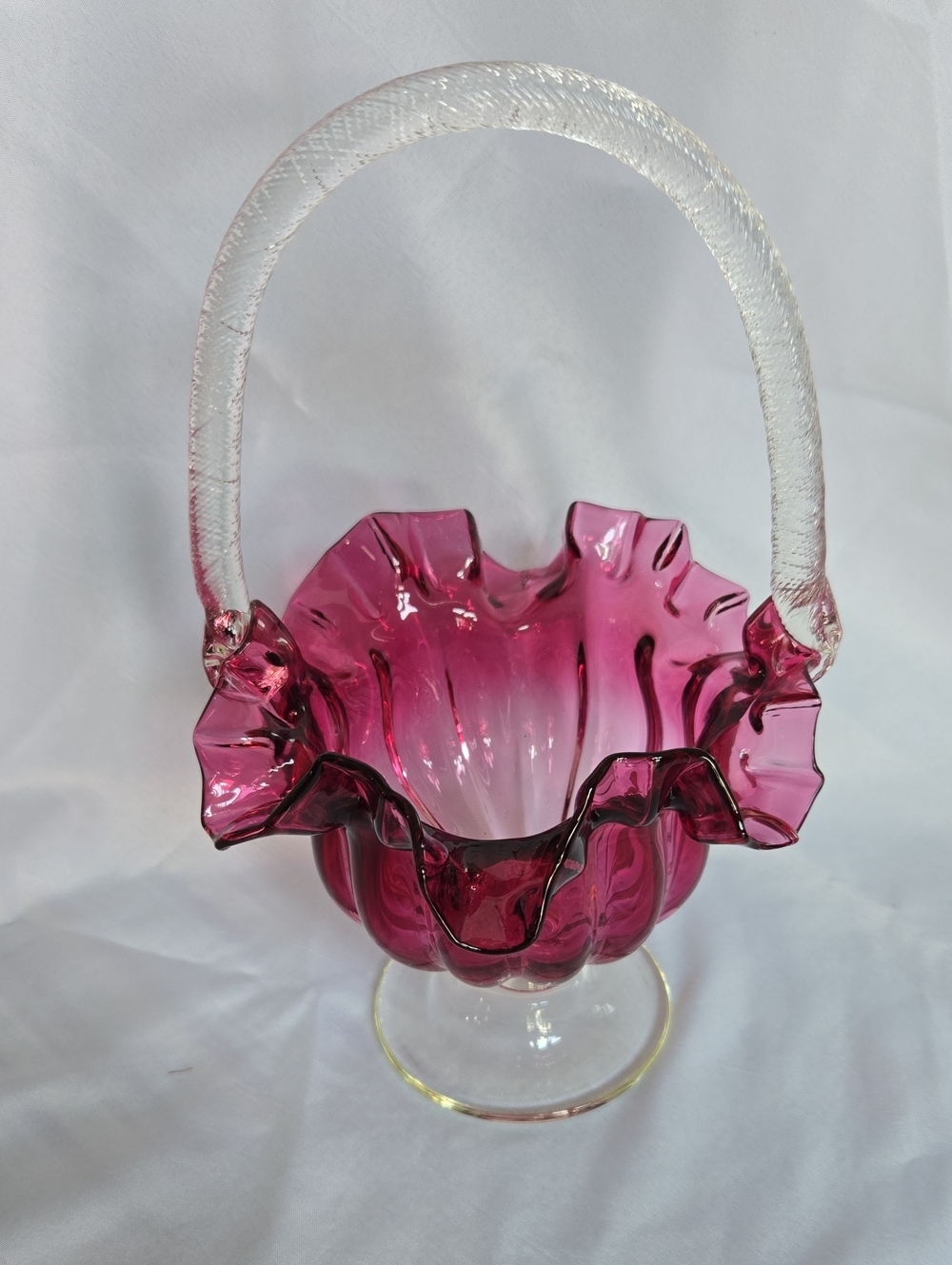 Vintage Cranberry Pink Art Glass Ruffled Basket with Clear Handle